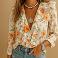 Women's Printed Ruffle Blouse – Elegant V-Neck Button-Up Top with Long Sleeves for Spring and Summer