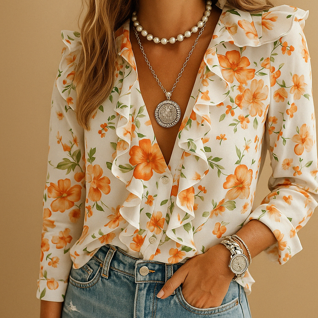 Women's Printed Ruffle Blouse – Elegant V-Neck Button-Up Top with Long Sleeves for Spring and Summer
