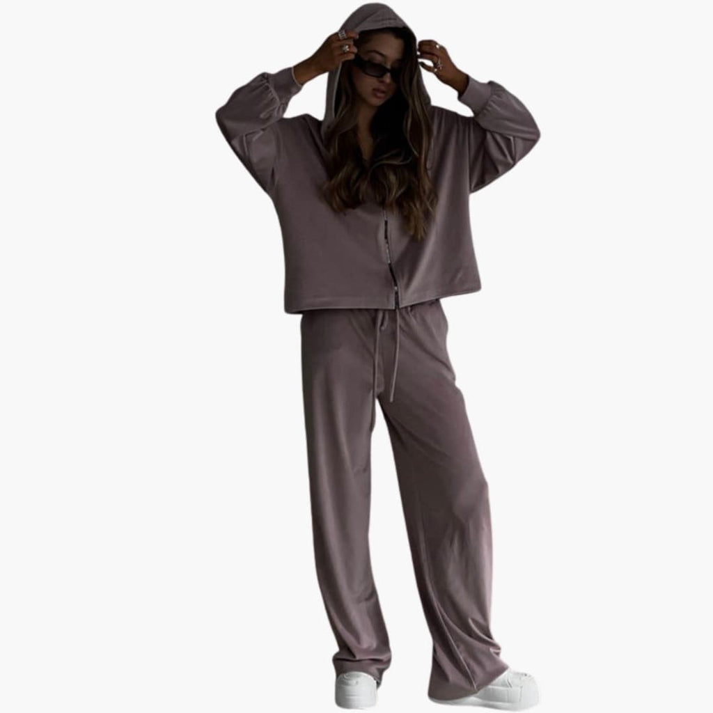 Women's Hooded Zip-Up Sweatshirt and Wide-Leg Trousers Set – Relaxed Casual Two-Piece Outfit for Everyday Wear