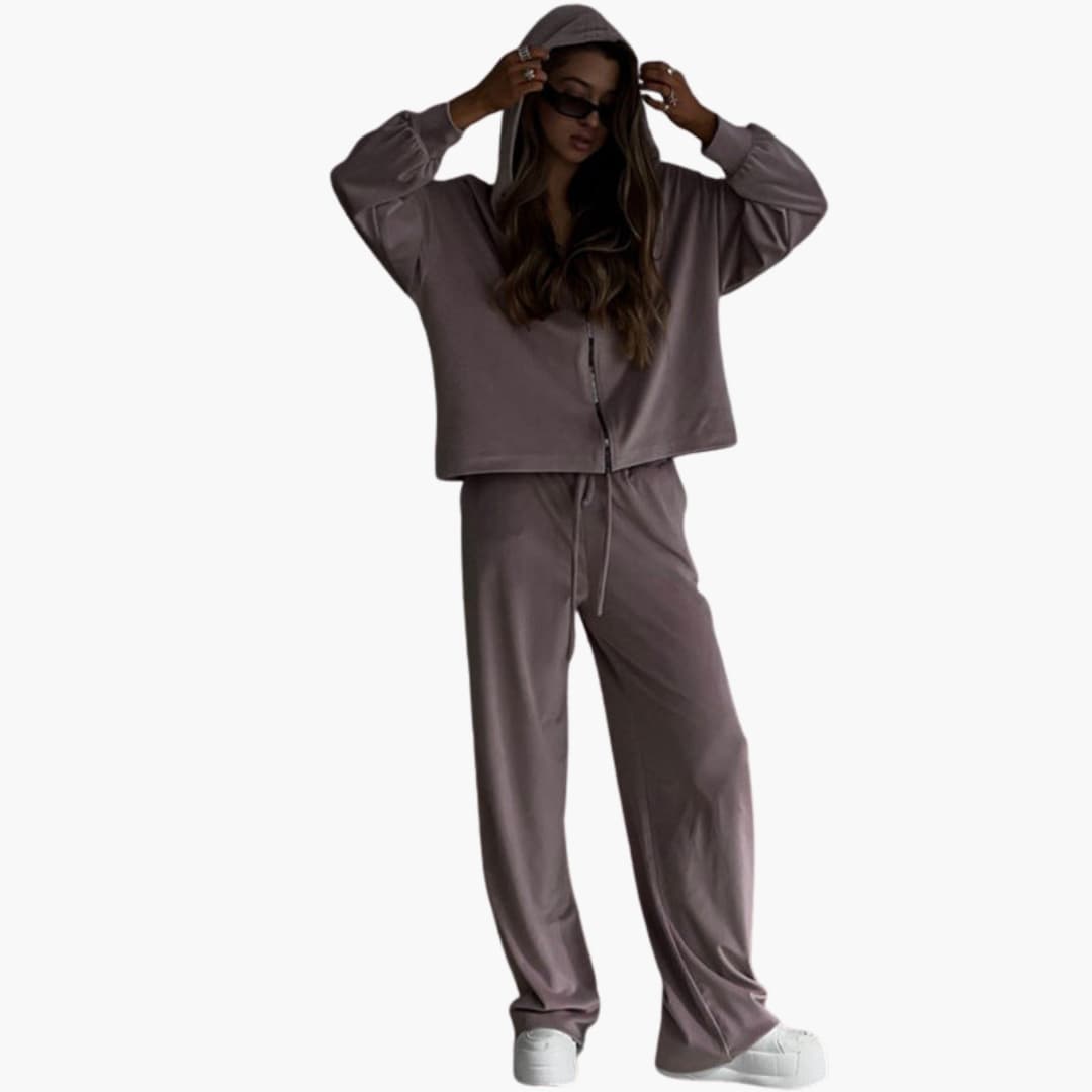Women's Hooded Zip-Up Sweatshirt and Wide-Leg Trousers Set – Relaxed Casual Two-Piece Outfit for Everyday Wear