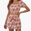 Women's Printed Two-Piece Summer Shorts Set – Smocked Square Neck Crop Top with Puff Sleeves and Tie Waist Shorts for Holidays