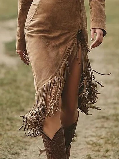 Suede Long-sleeved Irregular Tassel Hem Midi-Length Dress
