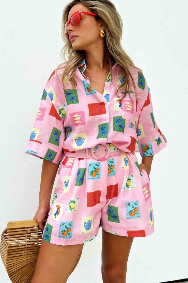 Coordinated Short Set Pink Stamp Print