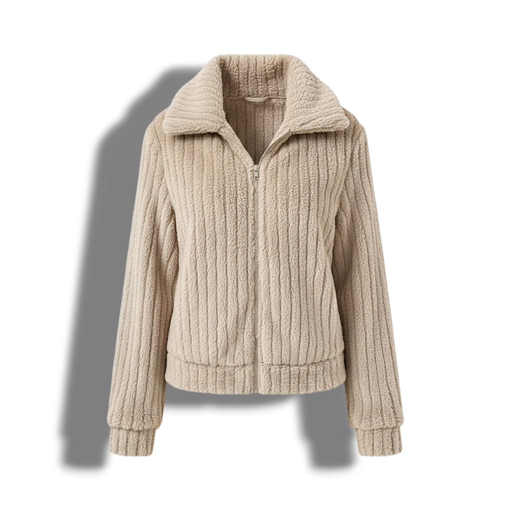 Women’s Plush Fleece Zip-Up Jacket with Wide Collar – Soft Textured Casual Outerwear for Autumn and Winter