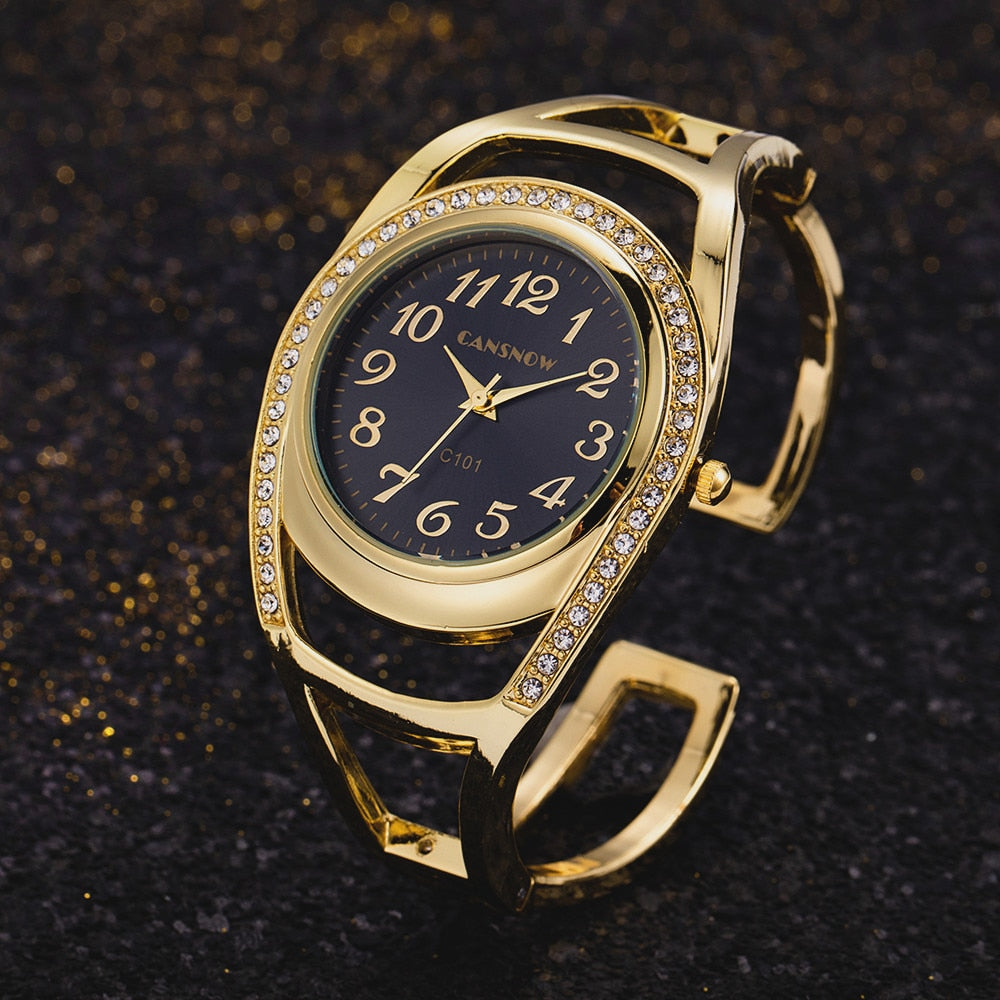 Cansnow Vintage Polished Stainless Steel Watch with Rhinestone Round Case