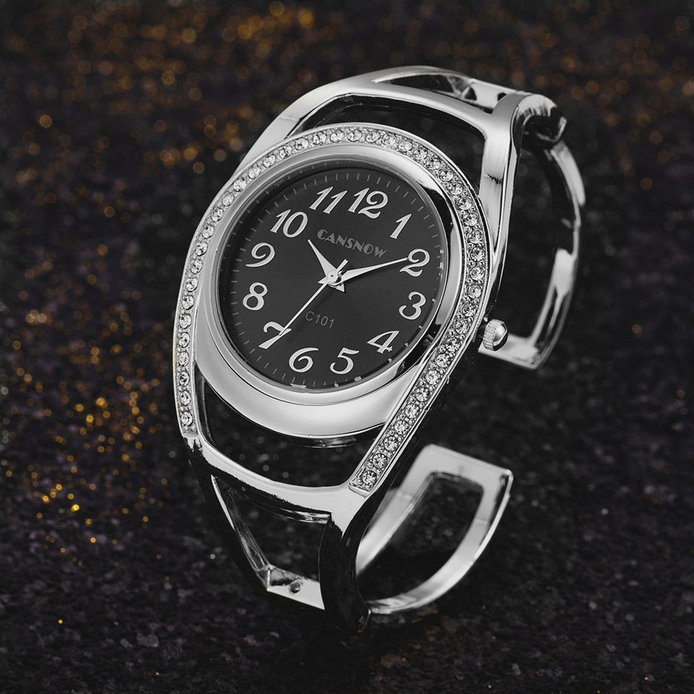 Cansnow Vintage Polished Stainless Steel Watch with Rhinestone Round Case