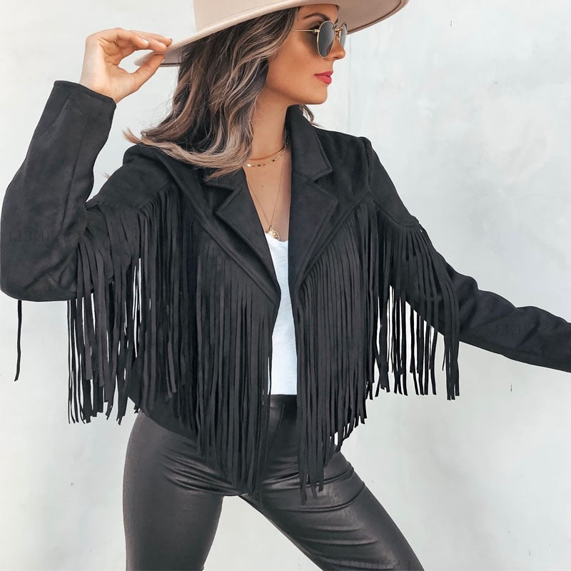 Leather Biker Jacket with Western Fringe
