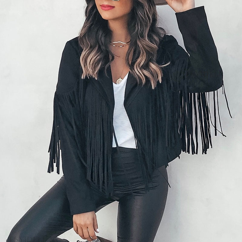 Leather Biker Jacket with Western Fringe