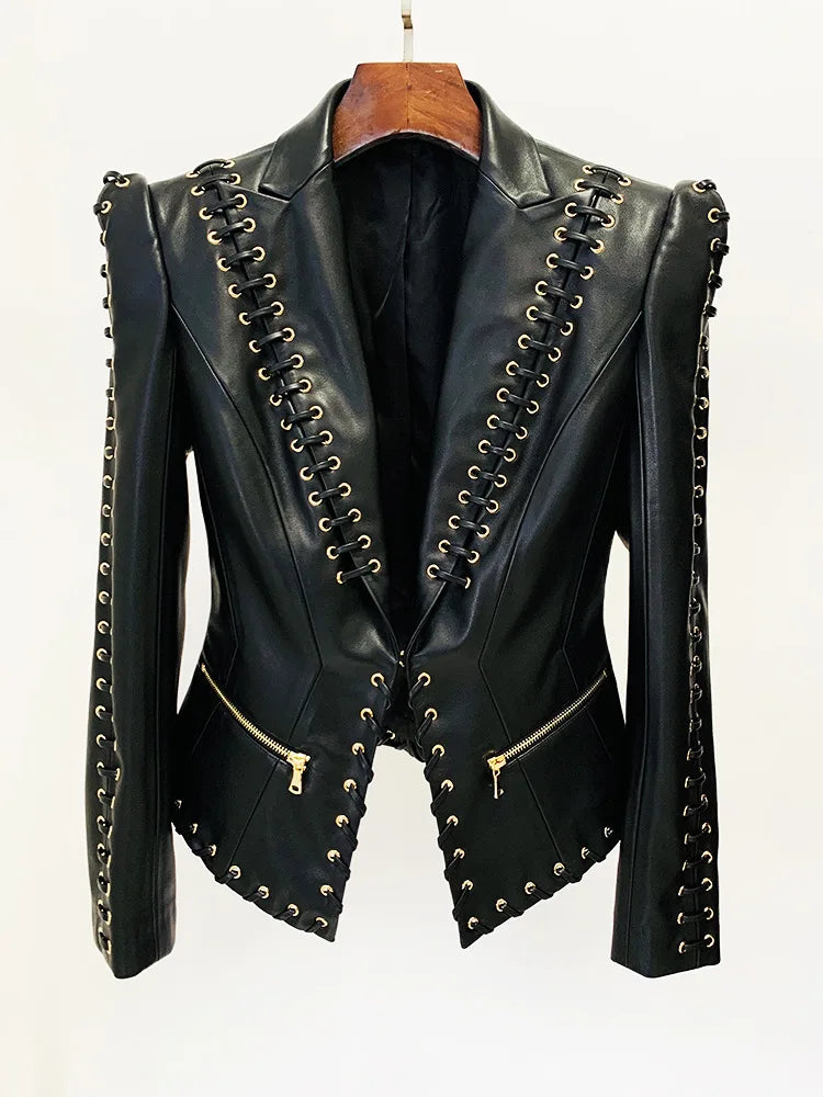 Women’s Fitted Leather-Look Jacket with Eyelet Lacing – Structured Shoulders and Statement Lapels for Edgy Everyday Styling
