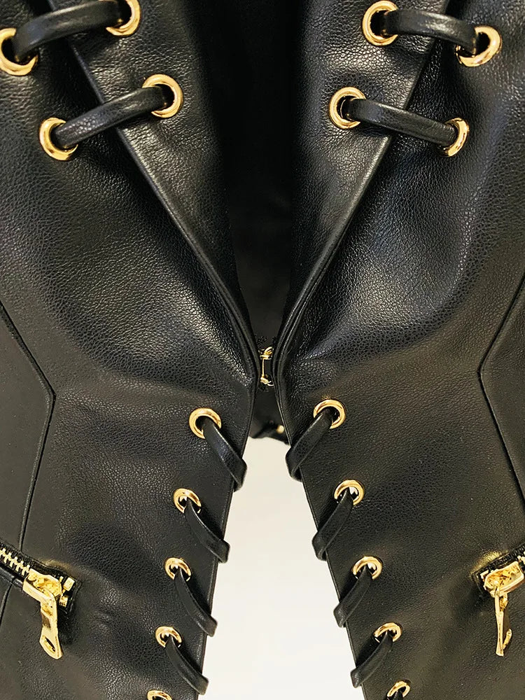 Women’s Fitted Leather-Look Jacket with Eyelet Lacing – Structured Shoulders and Statement Lapels for Edgy Everyday Styling