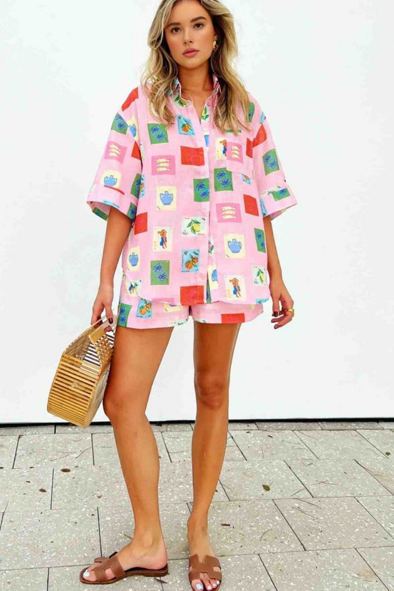 Coordinated Short Set Pink Stamp Print