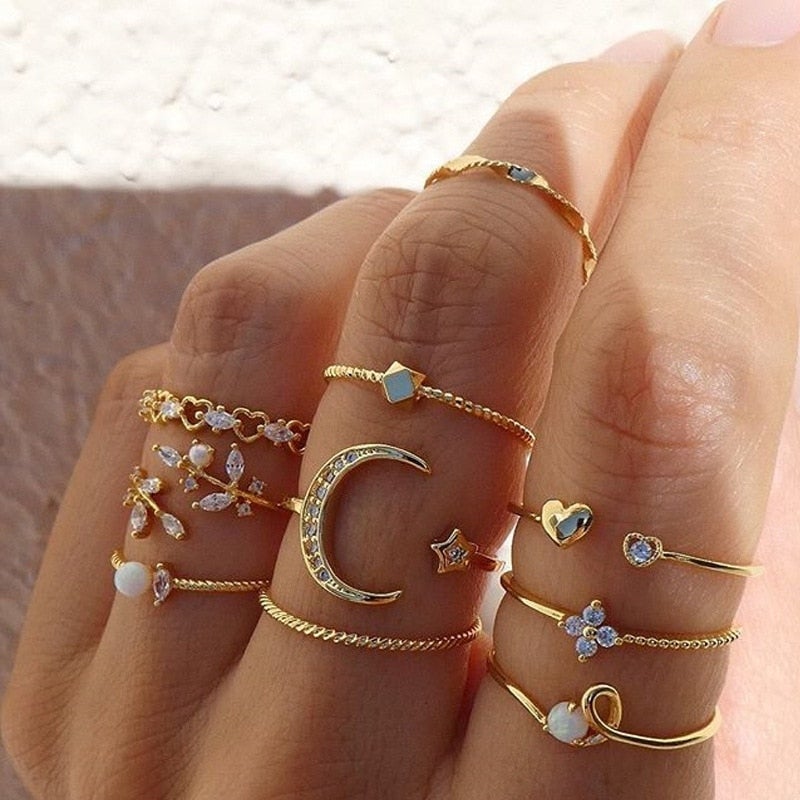 Set of 10 Boho Silver and Gold-Plated Rings