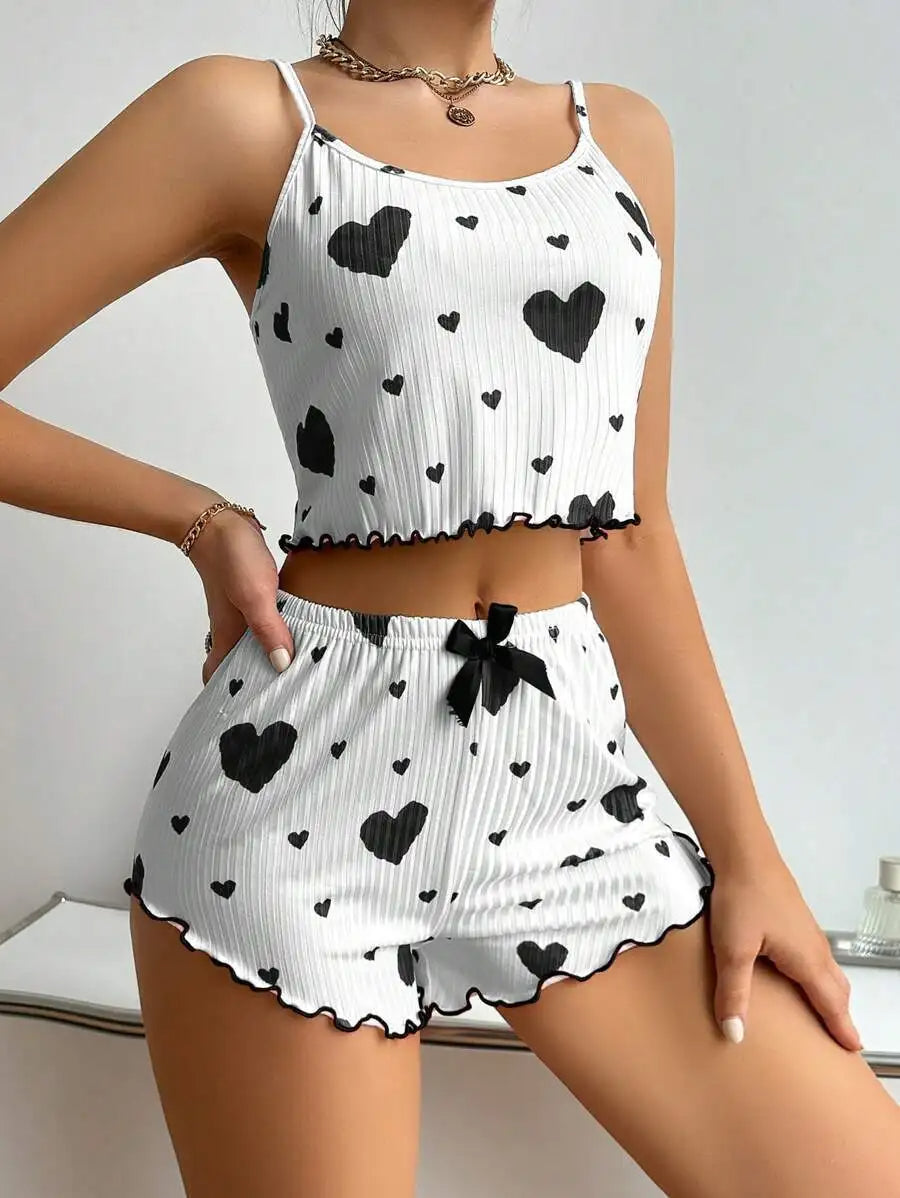 Women's Heart Print Ribbed Camisole and Shorts Set – Cute Cropped Two-Piece Loungewear for Summer and Everyday Comfort