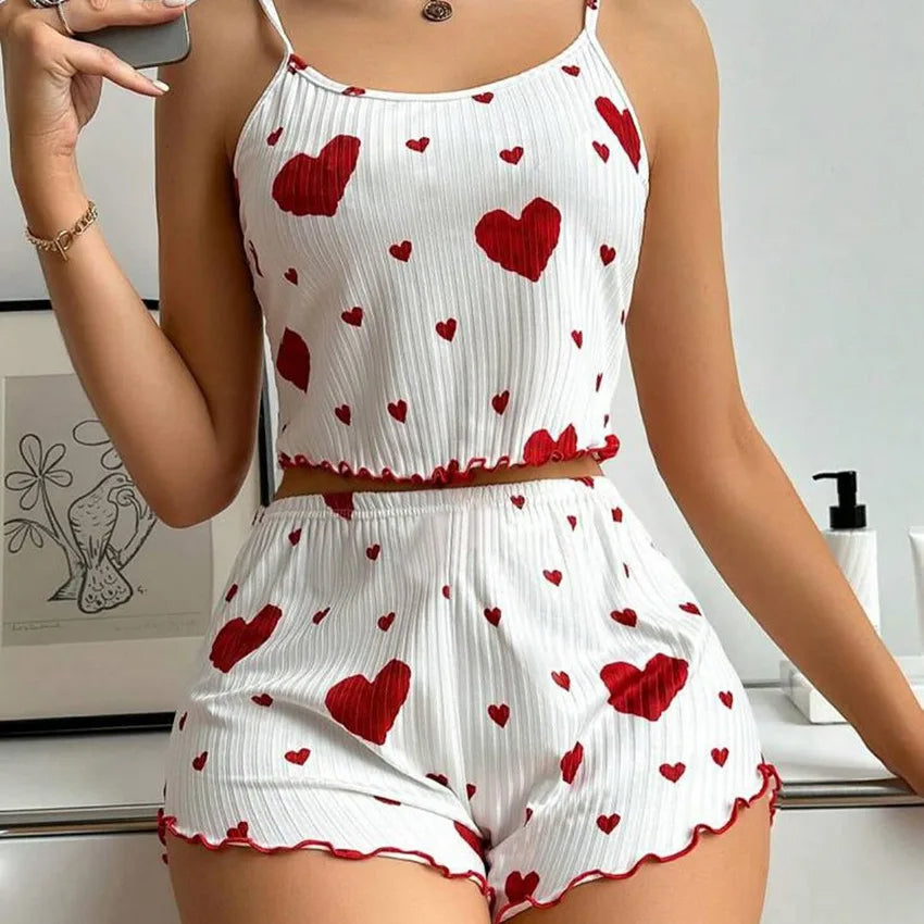 Women's Heart Print Ribbed Camisole and Shorts Set – Cute Cropped Two-Piece Loungewear for Summer and Everyday Comfort