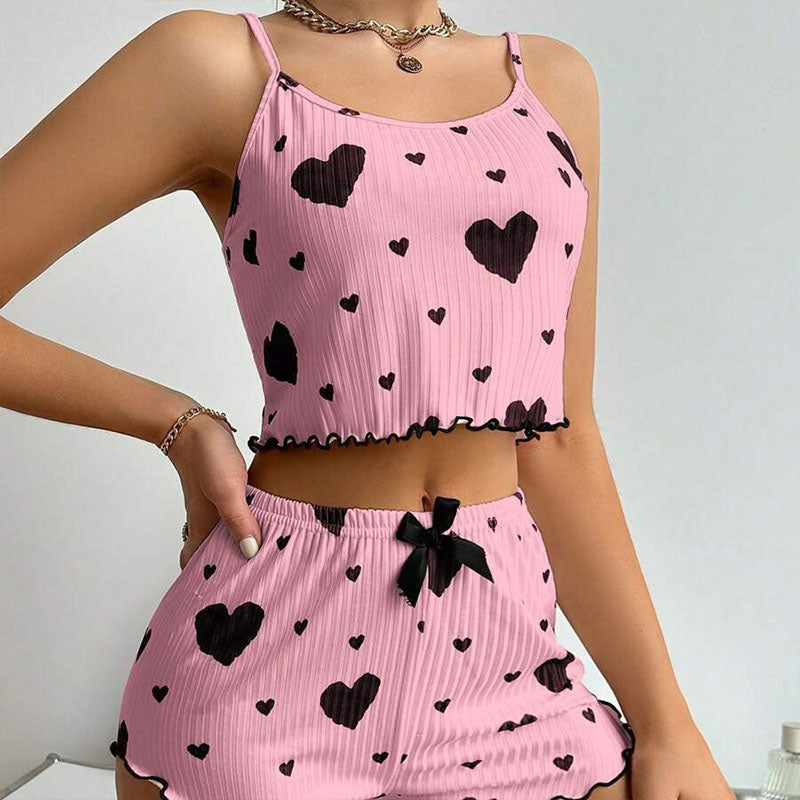 Women's Heart Print Ribbed Camisole and Shorts Set – Cute Cropped Two-Piece Loungewear for Summer and Everyday Comfort