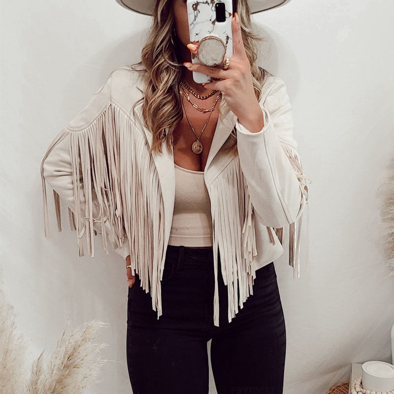 Leather Biker Jacket with Western Fringe