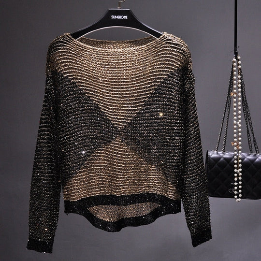 Women’s Sheer Sequin Blouse with Long Sleeves – Wide Round Neckline and Relaxed Fit for Evening Styling