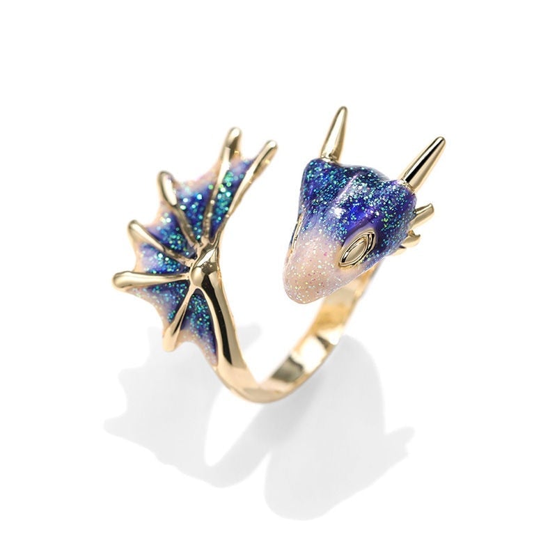 Adjustable Silver Dragon Ring with Hand-Painted Enamel