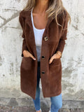 Women’s Longline Soft Textured Coat with Statement Buttons and Front Pockets – Elegant Relaxed Outerwear for Autumn and Winter