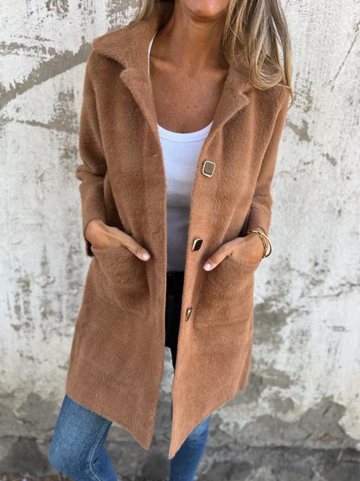 Women’s Longline Soft Textured Coat with Statement Buttons and Front Pockets – Elegant Relaxed Outerwear for Autumn and Winter