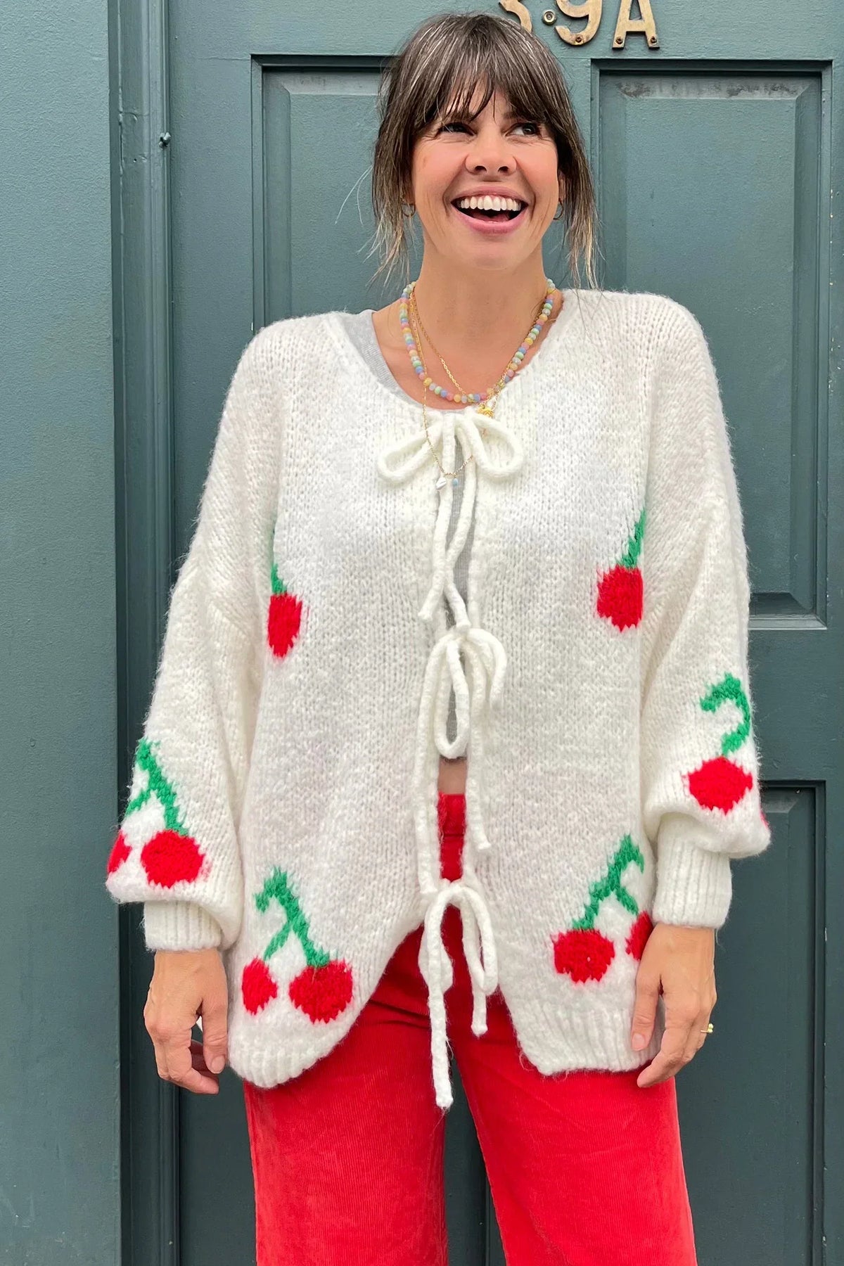 Cherry Tie Mohair Blend Knit Cardigan Cream