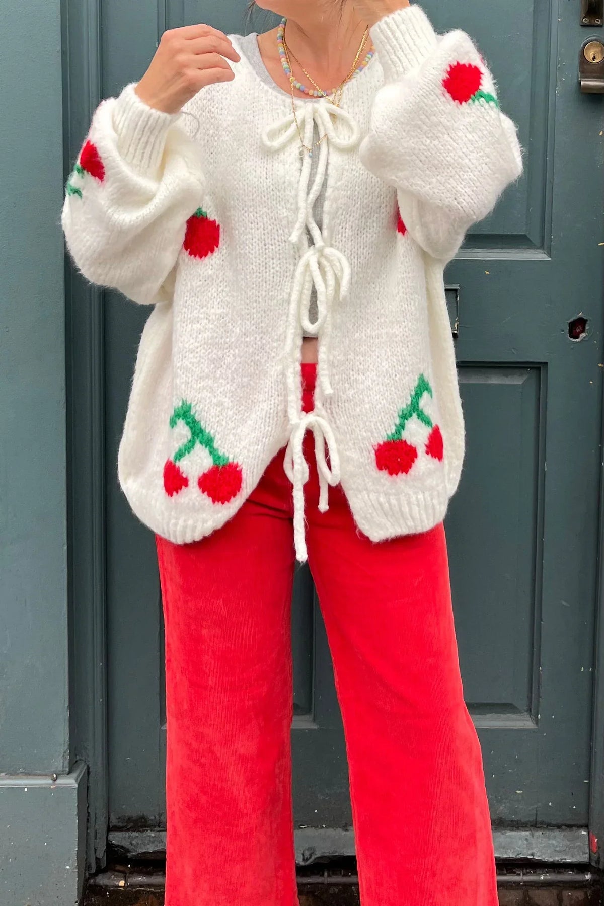 Cherry Tie Mohair Blend Knit Cardigan Cream