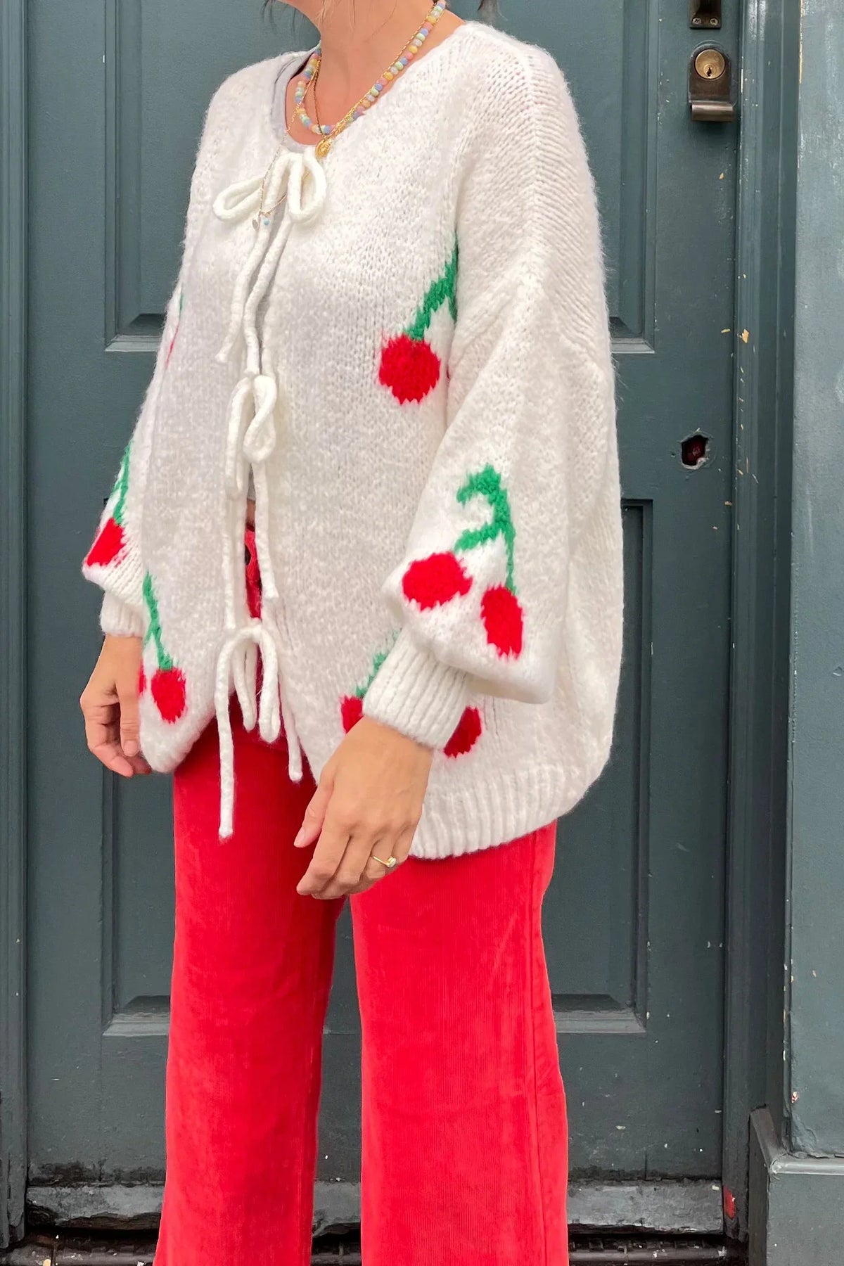 Cherry Tie Mohair Blend Knit Cardigan Cream