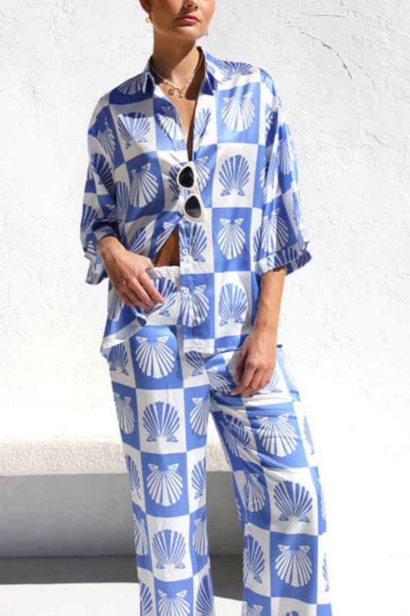 Special Satin Shell Print Wide-Leg Trousers-Set