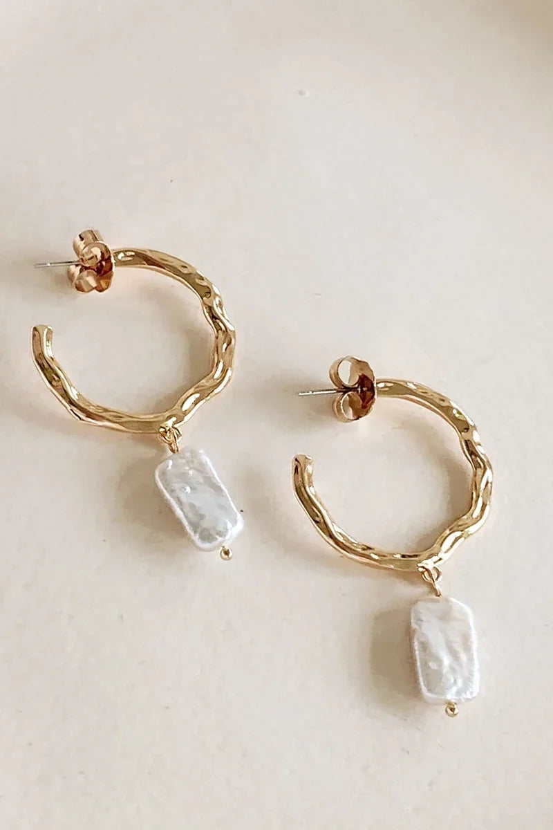 Modern Beaten Metal Pearl Drop Hoops Gold/Cream