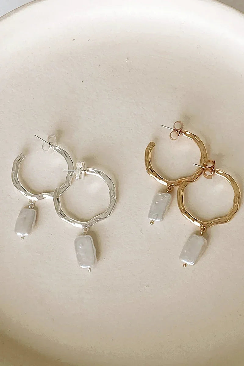 Modern Beaten Metal Pearl Drop Hoops Gold/Cream