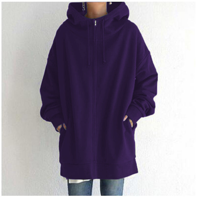 Women’s Oversized Longline Zip-Up Hoodie with Drawstring Hood and Pockets – Relaxed Cotton Blend Sweatshirt for Everyday Wear