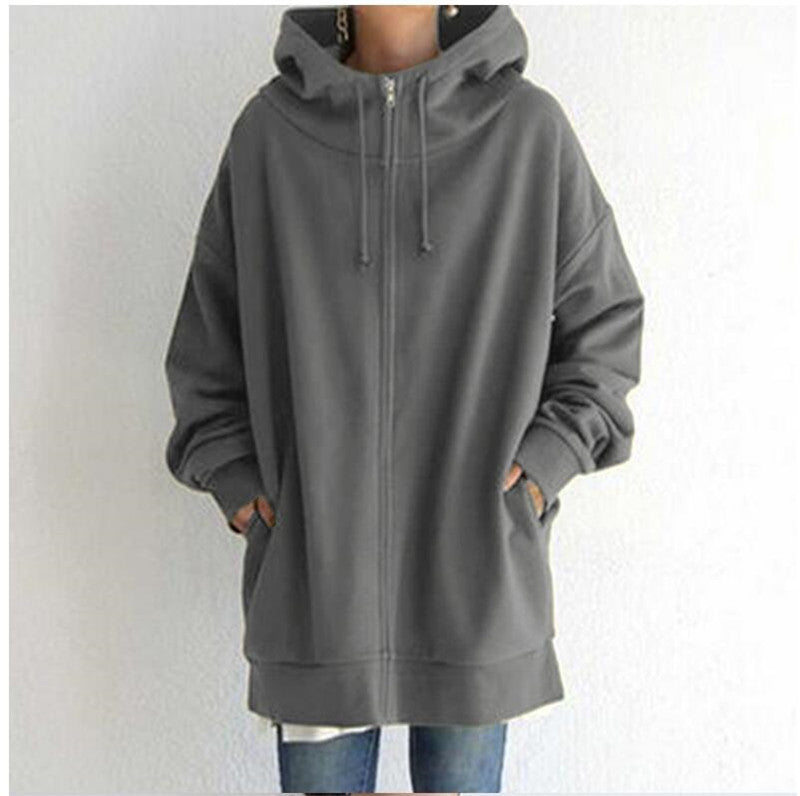 Women’s Oversized Longline Zip-Up Hoodie with Drawstring Hood and Pockets – Relaxed Cotton Blend Sweatshirt for Everyday Wear