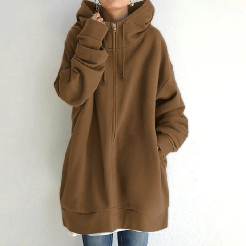 Women’s Oversized Longline Zip-Up Hoodie with Drawstring Hood and Pockets – Relaxed Cotton Blend Sweatshirt for Everyday Wear