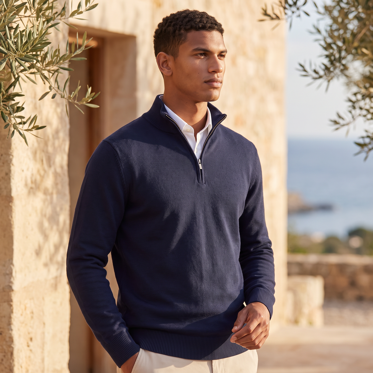 Men’s Quarter-Zip Knit Sweater with Stand Collar