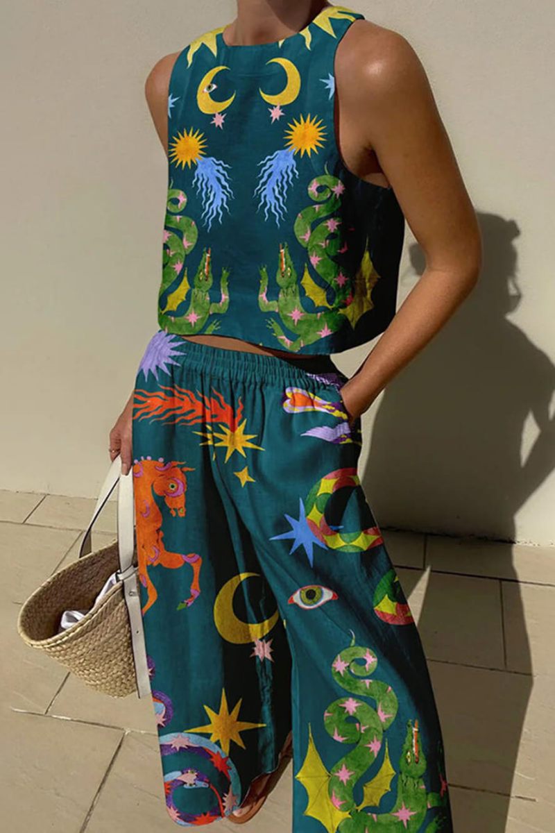 Linen Blend Distinctive Print Tank Set
