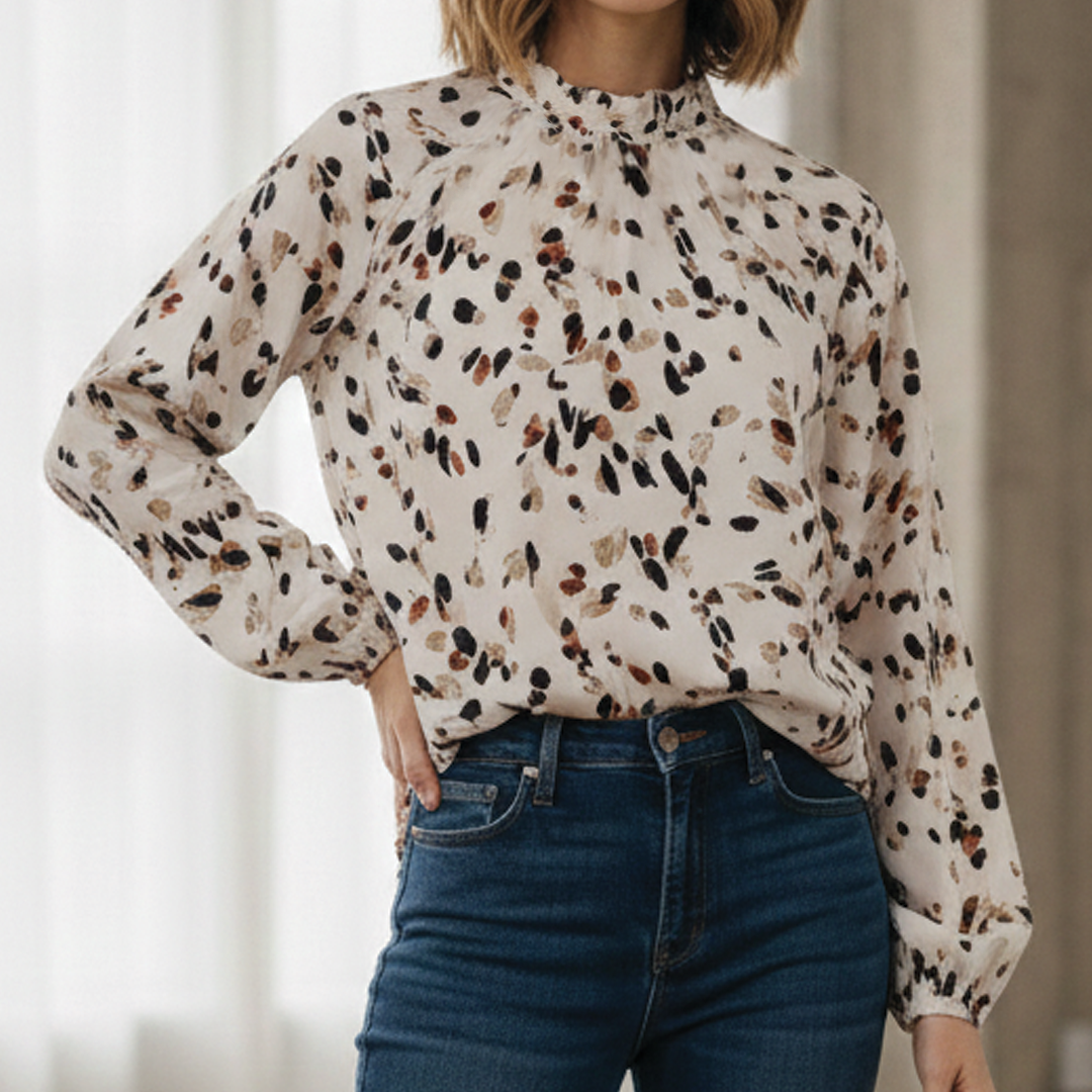 Women’s Printed Ruffle-Neck Blouse with Puff Shoulders – Long-Sleeved Vintage-Inspired Style for Work and Everyday Wear