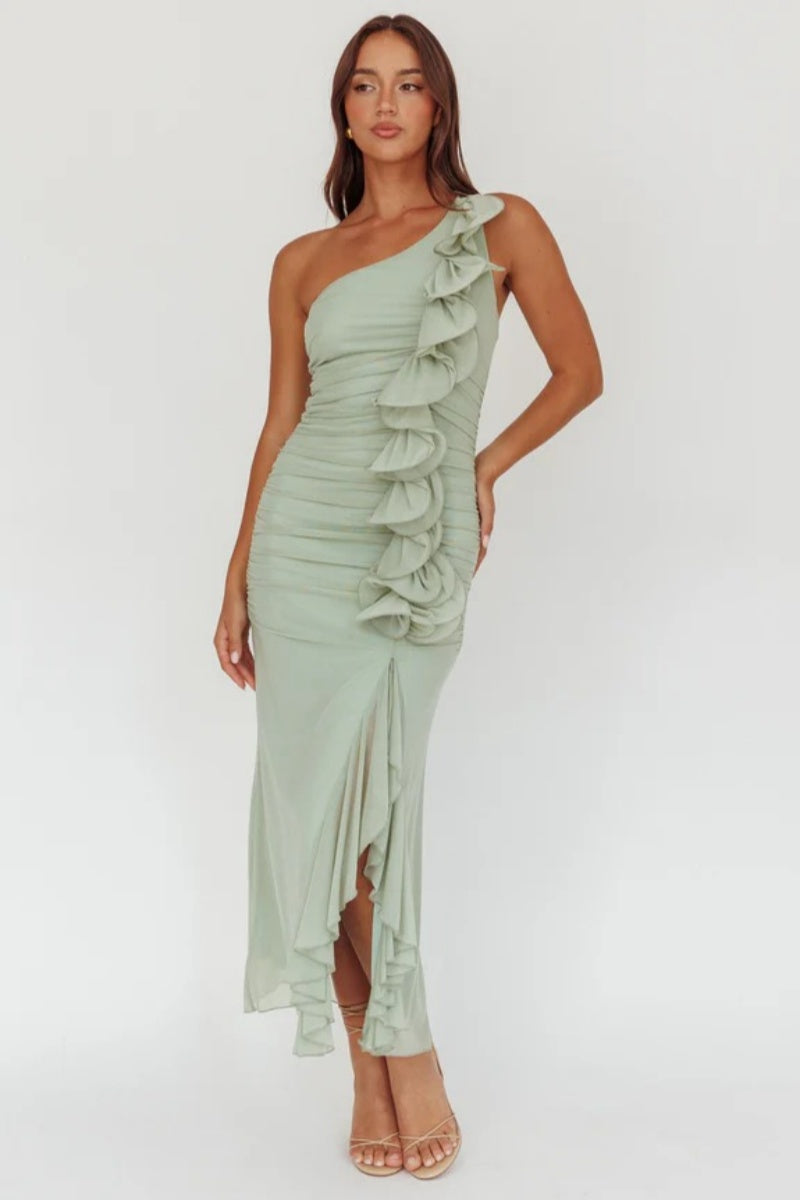 Haven One-Shoulder Ruffled Accent Maxi-Length Dress Sage