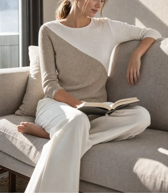 Karina - Women's Asymmetric Color-Block 3/4 Sleeve Knit Top