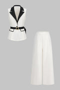 Women’s Elegant Belted Sleeveless Waistcoat and Wide Leg Palazzo Trouser Suit – Tailored Two-Piece Outfit for Office and Smart Casual Occasions