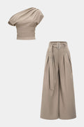 Women’s Elegant One Shoulder Draped Top and Belted Wide Leg Trouser Set – Sophisticated Two-Piece Outfit for Parties and Smart Casual Occasions