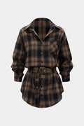 Women’s Belted Checked Shirt with Chest Pocket – Relaxed Long Sleeves and Curved Hem for Everyday Styling