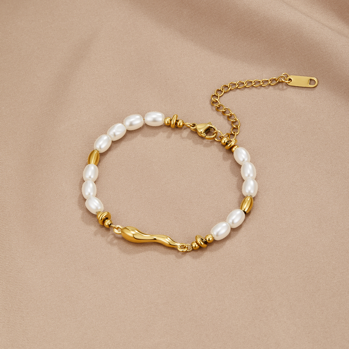 Natural Bead Bracelet with Polished Metal Accents - Undine