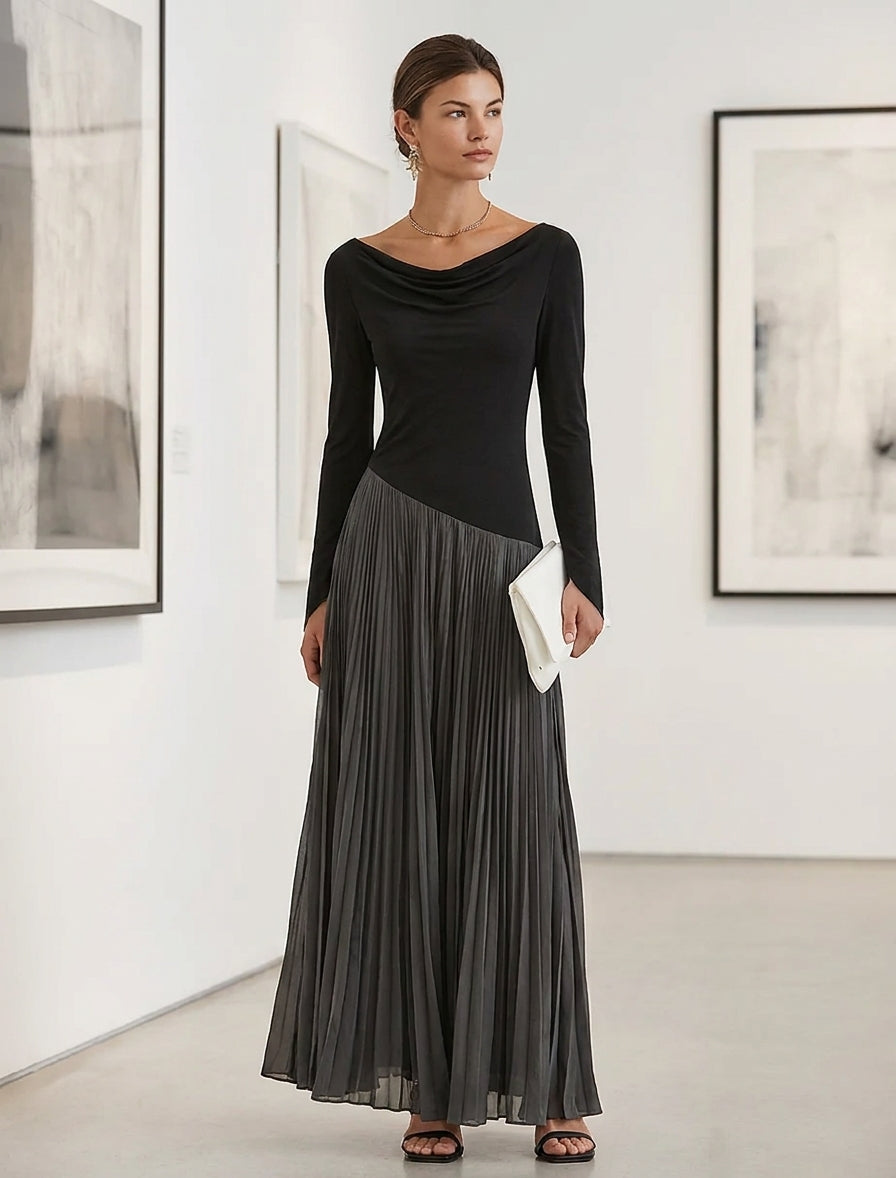Eden - Minimalist Two-Tone Color-Block Maxi Dress With Drape Neckline