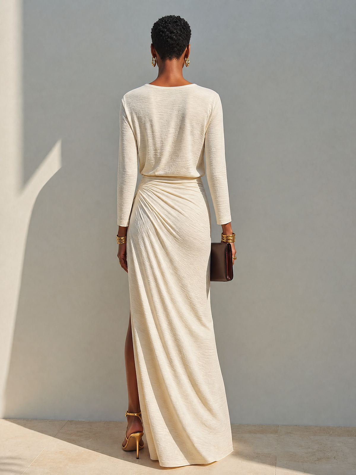 Women's Long Sleeve Beige Bodycon Cotton-Blend Crew-Neck Ruched Slit Maxi Dress
