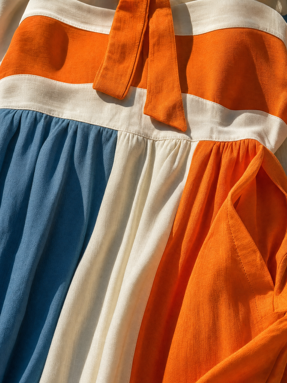 Women’s Orange White Blue Color Block Sleeveless Backless Halter Keyhole Strapless Smocked Bodice Pleated Maxi Dress
