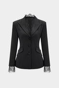 Women's Tailored Single Breasted Blazer with Lace Trim – Fitted Long Sleeve Peak Lapel Jacket for Office and Elegant Occasion Wear