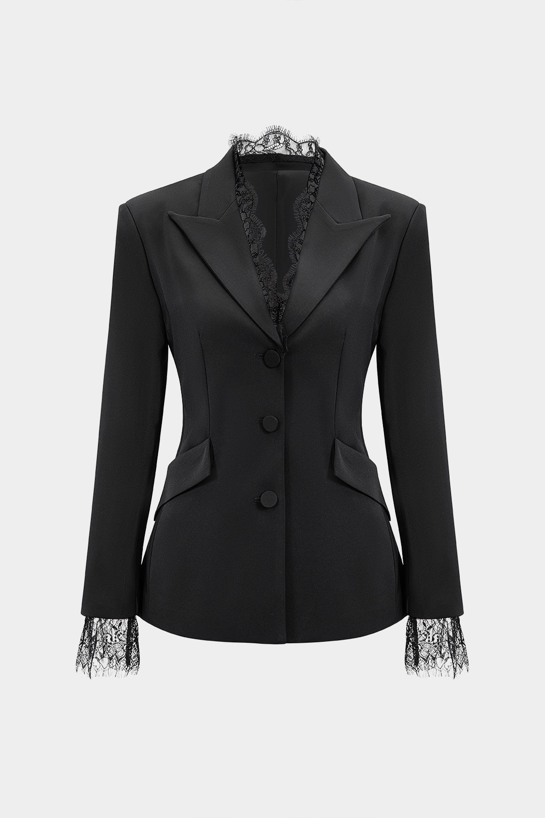 Women's Tailored Single Breasted Blazer with Lace Trim – Fitted Long Sleeve Peak Lapel Jacket for Office and Elegant Occasion Wear