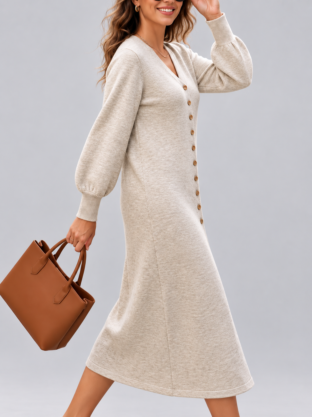 Maxine - Women's Long Button-Up Knitted Cardigan Dress
