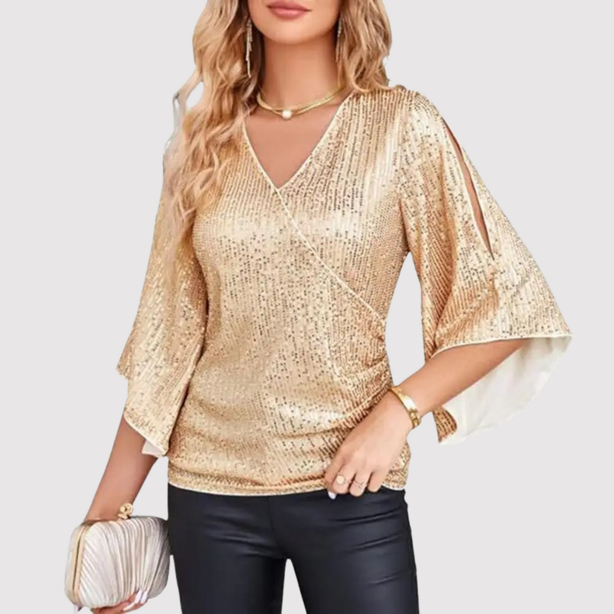 Women's Elegant Sequin Wrap Blouse with V Neck and Split Flared Sleeves – Shimmering Evening Top for Parties and Special Occasions