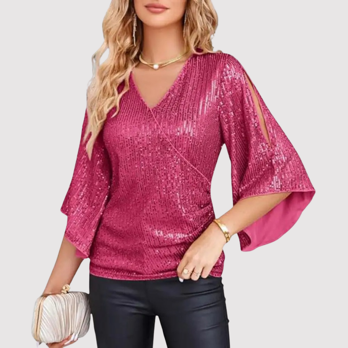 Women's Elegant Sequin Wrap Blouse with V Neck and Split Flared Sleeves – Shimmering Evening Top for Parties and Special Occasions